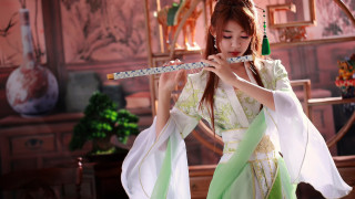 Kimono flute portrait impressionism blurry - a mirror behind her free wallpaper