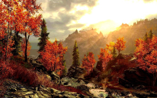 Mountain landscape autumn leaves forest - a painting of a mountain landscape free wallpaper