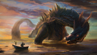 Dragon boat water fantasy art - a giant dragon free wallpaper