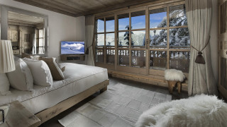 Bedroom largewindow tv whitepillows curtains - a bedroom free wallpaper for desktop