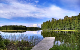 Lake dock trees grass clouds - akseli gallenkallela free wallpaper for desktop