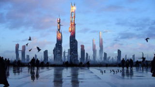 Group people tall building retrofuturism - matte painting concept art free wallpaper for desktop