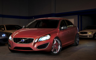 Red volvo garage blue stripe - free 3d render wallpaper