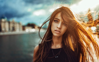 Woman water city cloudy sky - alena aenami free wallpaper