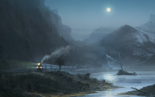 Mountain train fullmoon river night - a train traveling free wallpaper