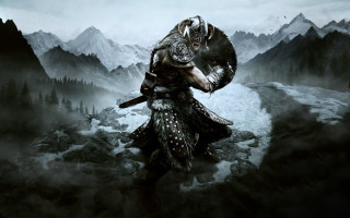 Horned man sword snowy mountains - head holding free wallpaper