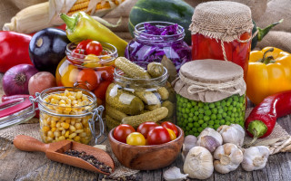 Vegetables fruits glass jars burlap - maximalism free wallpaper for desktop