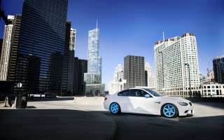White car city skyline fence - tall building free wallpaper