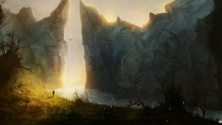 Waterfall forest man bird sunset - a waterfall in a forest free wallpaper