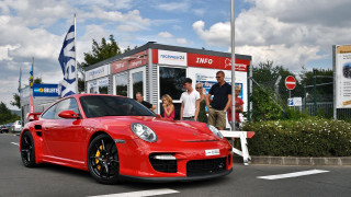 Red sports car booth people - lowbrow free wallpaper for desktop
