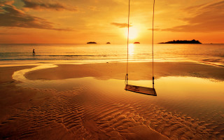 Beach sunset swing water mountains - a swing free wallpaper