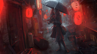 Woman umbrella rain city night - lantern free wallpaper