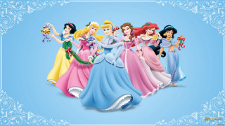Princesses group standing blue background - a row free wallpaper for desktop