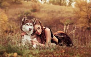 Woman husky autumn nature photorealistic - husky free wallpaper for desktop