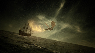 Bird flying over boat ocean - cinematic matte painting free wallpaper