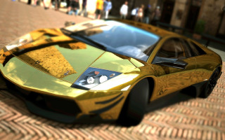 Yellow sports car brick road 4 - foto realistic free wallpaper