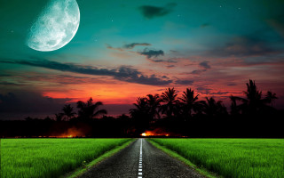 Road fullmoon field mountains sunset - a full moon in the distance free wallpaper