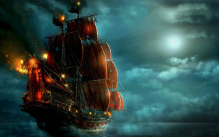 Pirate ship ocean moon starry - a full moon in the background free wallpaper for desktop
