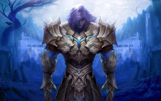 Blue dress armor sword forest - epic fantasy free wallpaper