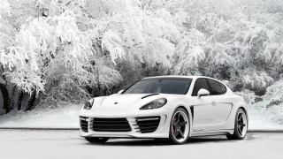 White porsche snowy tree parking - snow and ice free wallpaper