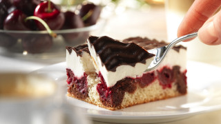 Cake chocolate cherries fork bite - decadent free wallpaper for desktop