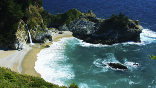 Beach waterfall forest shore lake - the shore free wallpaper