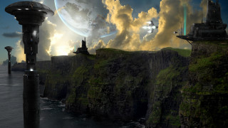 Futuristic cliff lighthouse moon castle - a futuristic landscape free wallpaper