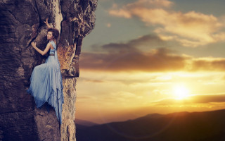 Woman blue dress mountain sunset - cinematic photography free wallpaper for desktop