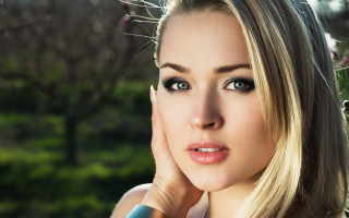 Woman blue dress tree pink 2 - pink flower free wallpaper for desktop