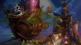 Futuristic city clock tower dragon - fantasy concept art free wallpaper