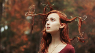 Red haired woman birds antlers - surreal photography free wallpaper for desktop