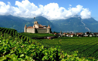 Castle greenfield mountains clouds mattepainting - medieval free wallpaper for desktop