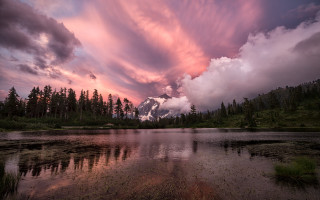 Lake mountain forest sunset clouds - colorful cloud free wallpaper