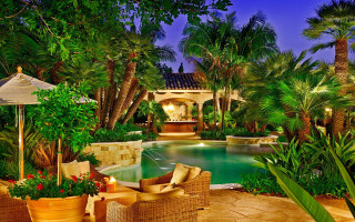 Luxury pool palm trees gazebo - a patio free wallpaper