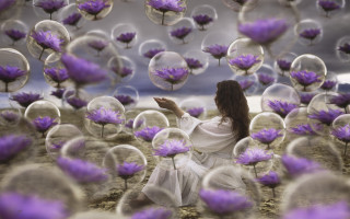 Woman purpleflowers bubbles surreal sky - surreal photography free wallpaper for desktop