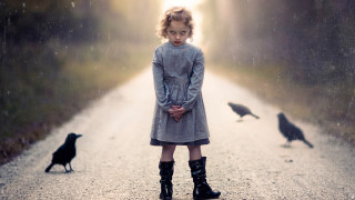 Little girl crow aurora night - the side of the road free wallpaper for desktop