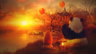 Panda bench lake balloons autumn - the air above free wallpaper