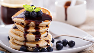 Pancakes blueberries syrup coffee plate - food photography free wallpaper for desktop