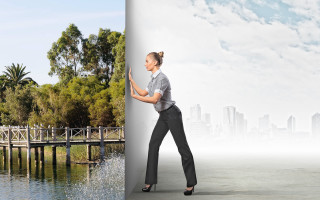 Woman business suit bridge city - matte painting free wallpaper