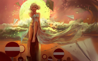 Woman sunset kite beachball blonde - above her head free wallpaper for desktop