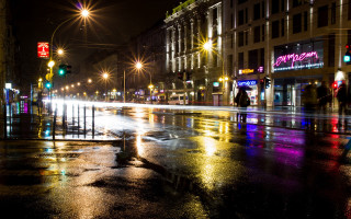 Wet street night person trafficlight - a wet street free wallpaper