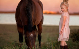 Little girl horse sunset field - claire hummel free wallpaper