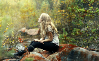 Woman sitting woods water bright - nature free wallpaper