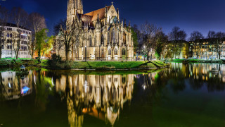 Gothic building tower reflection night - neo free wallpaper for desktop