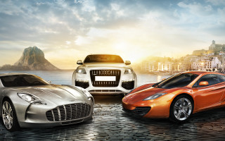 Sports cars cobblestone water city - two sports car free wallpaper