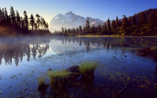 Lake fog mountains forest sky - bob ross free wallpaper for desktop