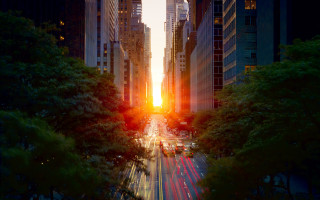 City sunset street cars buildings - tall building free wallpaper