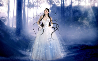 Woman forest white dress bird - fantasy style free wallpaper