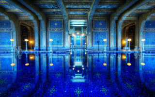 Blue pool skyline lanterns starry - art deco free wallpaper