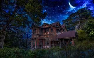 House woods night sky stars - a crescent free wallpaper